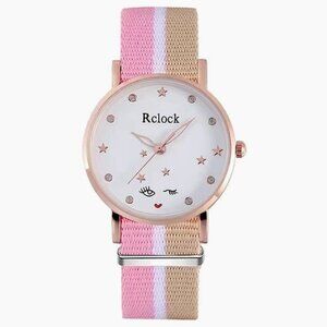 Watch Women’s Analog Round  Adjustable Preppy Stripe Canvas Band Pink Tan